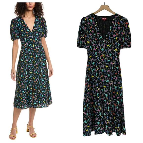 STAUD Milla Puff-Sleeve Midi-Dress - Black Abstract Wave - 4 - Picture 1 of 15